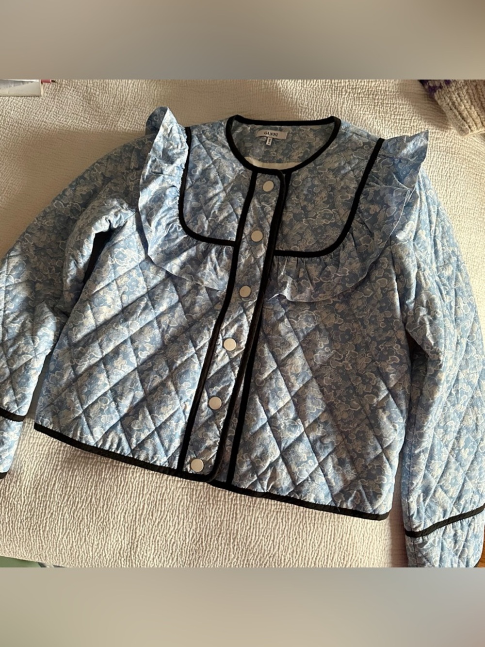 Ganni Blue Quilted Floral Jacket with Black Trim